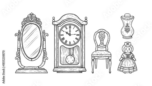 Hand drawn vintage furniture and doll collection in retro style