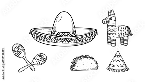 Festive mexican elements: sombrero, taco, pinata, maracas, fiesta hat in hand-drawn style