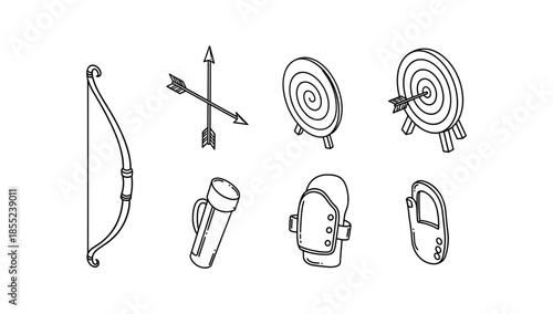 Archery equipment icons: bow, arrow, target, quiver, arm guard in linear style