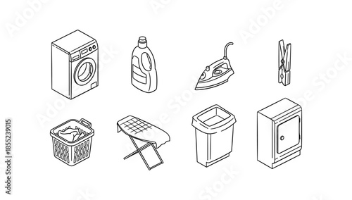 Essential laundry items in minimalist line art style for household organization