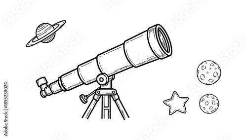Hand drawn telescope and celestial objects: planets, stars, moons