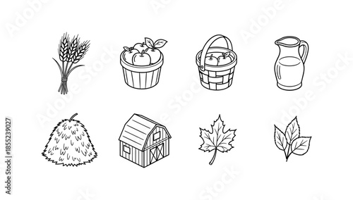 Linear farm harvest icons set with apples and wheat