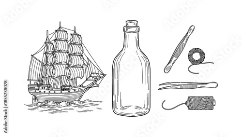 Vintage nautical crafting tools and ship in bottle design elements