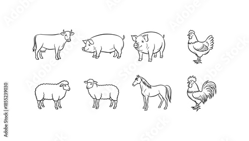 Farm animals outline drawings: cow, pig, chicken, sheep, horse, rooster