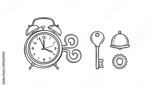 Retro line art collection with alarm clock, vintage key, bell, and gear