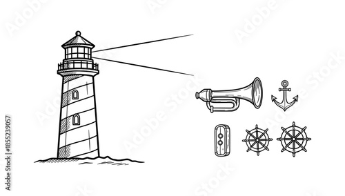 Nautical themed lighthouse with vintage maritime elements in linear style