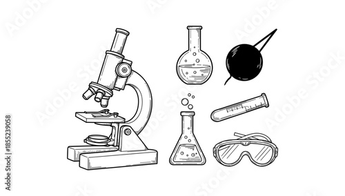 Detailed science laboratory icons featuring microscope and glassware