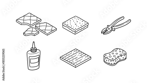 Line art construction tools and materials collection in black and white