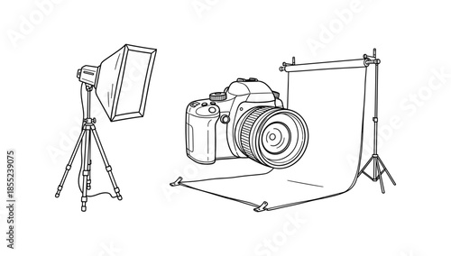 Photography studio equipment with camera, lighting, and backdrop in minimalist line art style
