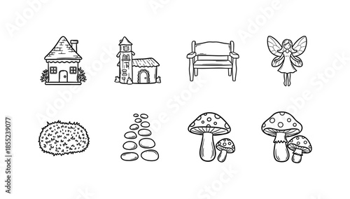 Hand drawn fairy tale elements with cottage, mushrooms, fairy, garden path, and bench