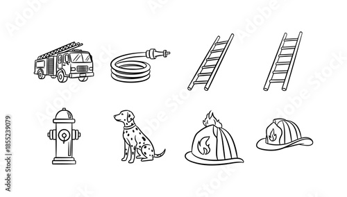 Firefighter equipment icons: truck, dog, ladder, hydrant, helmet in linear style