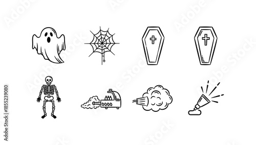 Halloween outline icons: ghosts, skeletons, coffins, and haunted elements