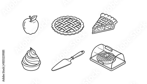 Outline dessert collection: apple pie, slice, cupcake, and kitchen utensils