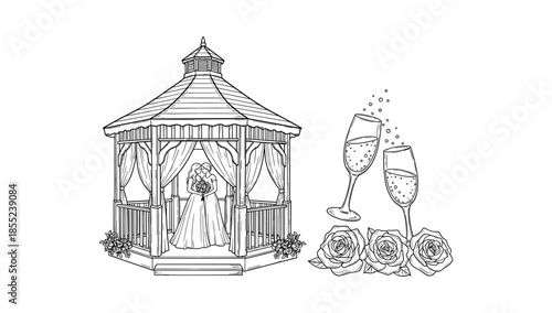 Elegant gazebo wedding scene with roses and champagne glasses in linear style