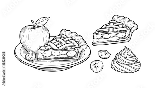 Delicious apple pie with slices and whipped cream in detailed sketch style
