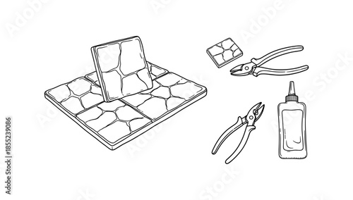 Hand drawn tile installation tools with glue and cutters on white background