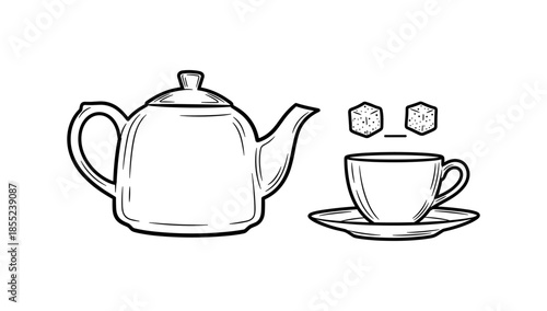 Simple line art of teapot and teacup with sugar cubes