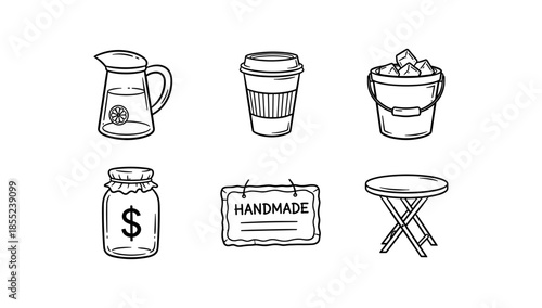 Hand-drawn cafe icons: coffee, lemonade, ice bucket, money jar, handmade sign, table