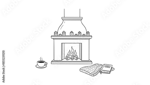 Cozy fireplace scene with book, blanket, coffee, and candles in outline style