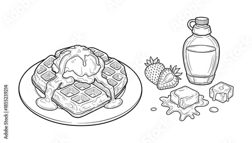 Delicious hand-drawn breakfast scene with waffles, ice cream, and syrup bottle