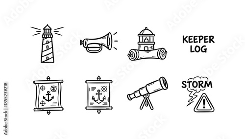 Nautical symbols and equipment in linear style with lighthouse and map icons