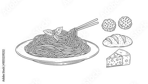 Delicious italian cuisine elements in black and white hand drawn style