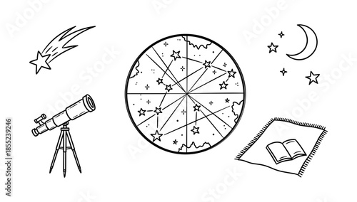 Celestial exploration: star map and telescope in hand-drawn style
