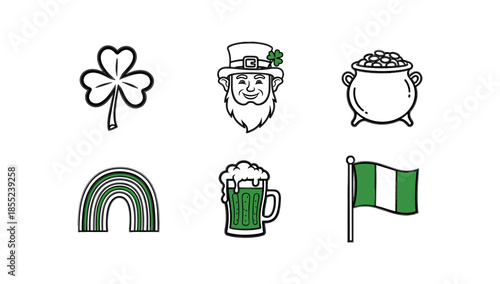 St. patrick's day icons: shamrock, leprechaun, pot of gold, rainbow, green beer, irish flag