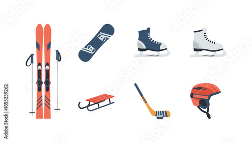 Winter sports equipment collection featuring skis, snowboard, and ice skates in modern minimalist design