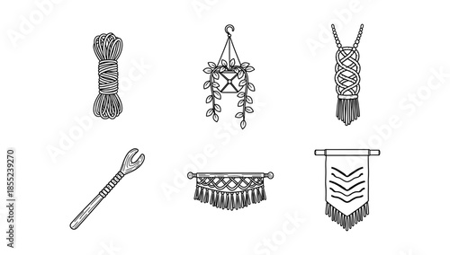 Set of linear macrame icons featuring rope, plant hanger, wall decor, and crochet hook