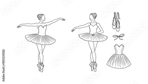 Elegant ballerina poses and ballet attire sketch