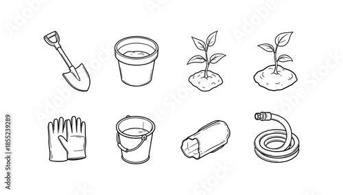 Gardening tools and plants in hand drawn style: shovel, gloves, hose, bucket, saplings