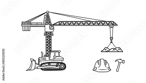 Outline of construction equipment with crane, bulldozer, hard hat, hammer