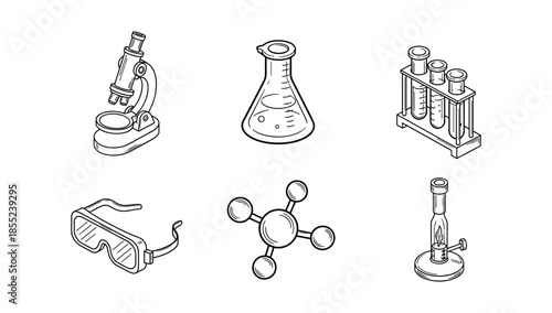 Scientific equipment icons in hand-drawn style including microscope and test tubes