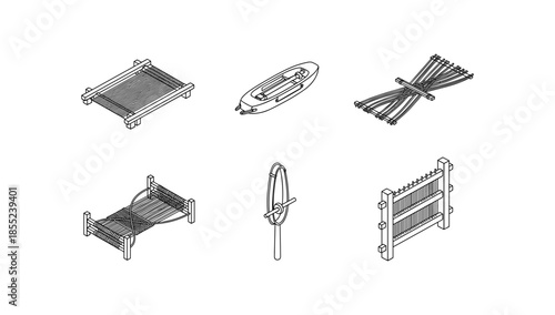 Isometric fishing equipment set with nets, raft, and canoe for outdoor adventures