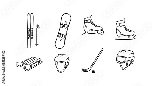 Winter sports equipment line art: skiing, snowboarding, ice skating, sledding, hockey gear