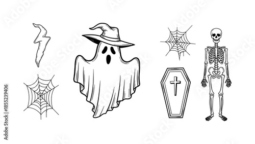 Spooky halloween elements with ghost, skeleton, and webs in black and white illustration