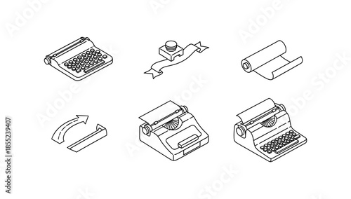 Collection of isometric office icons including typewriter and paper elements