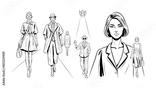 Fashion models in runway style with stylish outfits and confident poses in black and white
