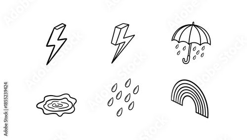 Minimalist weather icons set: lightning, umbrella, rain, puddle, and rainbow