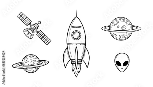 Space exploration adventure with rocket, planets, satellite, and alien in black and white