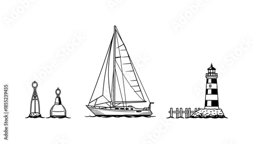 Sailboat and nautical icons in black and white line art style