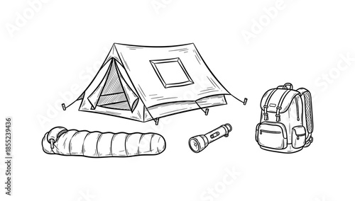 Camping gear sketch: tent, sleeping bag, backpack, and flashlight in black and white