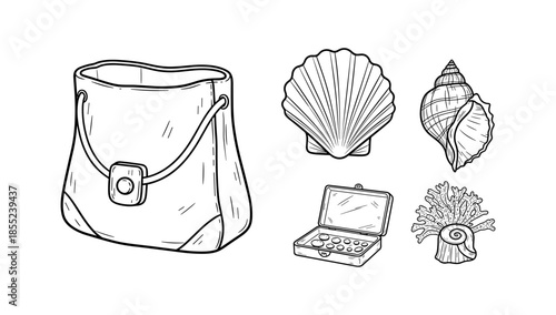 Minimalist line art: beach bag and shells collection
