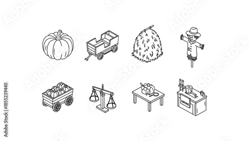 Autumn harvest icons: pumpkin, hay, scarecrow, and wagon in isometric outline