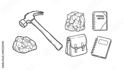 Hand drawn fossil hunting tools and equipment set