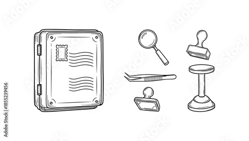 Postal service tools and stamp album sketch with magnifying glass