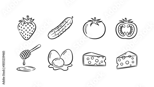 Hand-drawn food icons: vegetables, fruits, and dairy in black and white