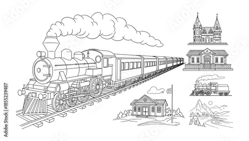 Vintage train sketch: historical locomotive and station drawings
