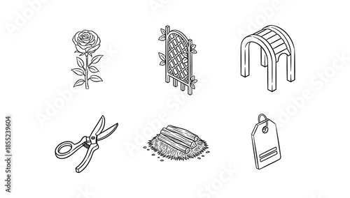 Black and white garden elements set: rose, trellis, archway, shears, firewood, tag